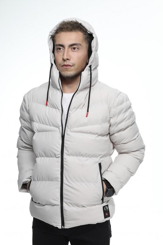 BEJ ERKEK KAPÜŞONLU LİKRA KARELİ İÇ ASTAR POLARLI ŞİŞME MONT